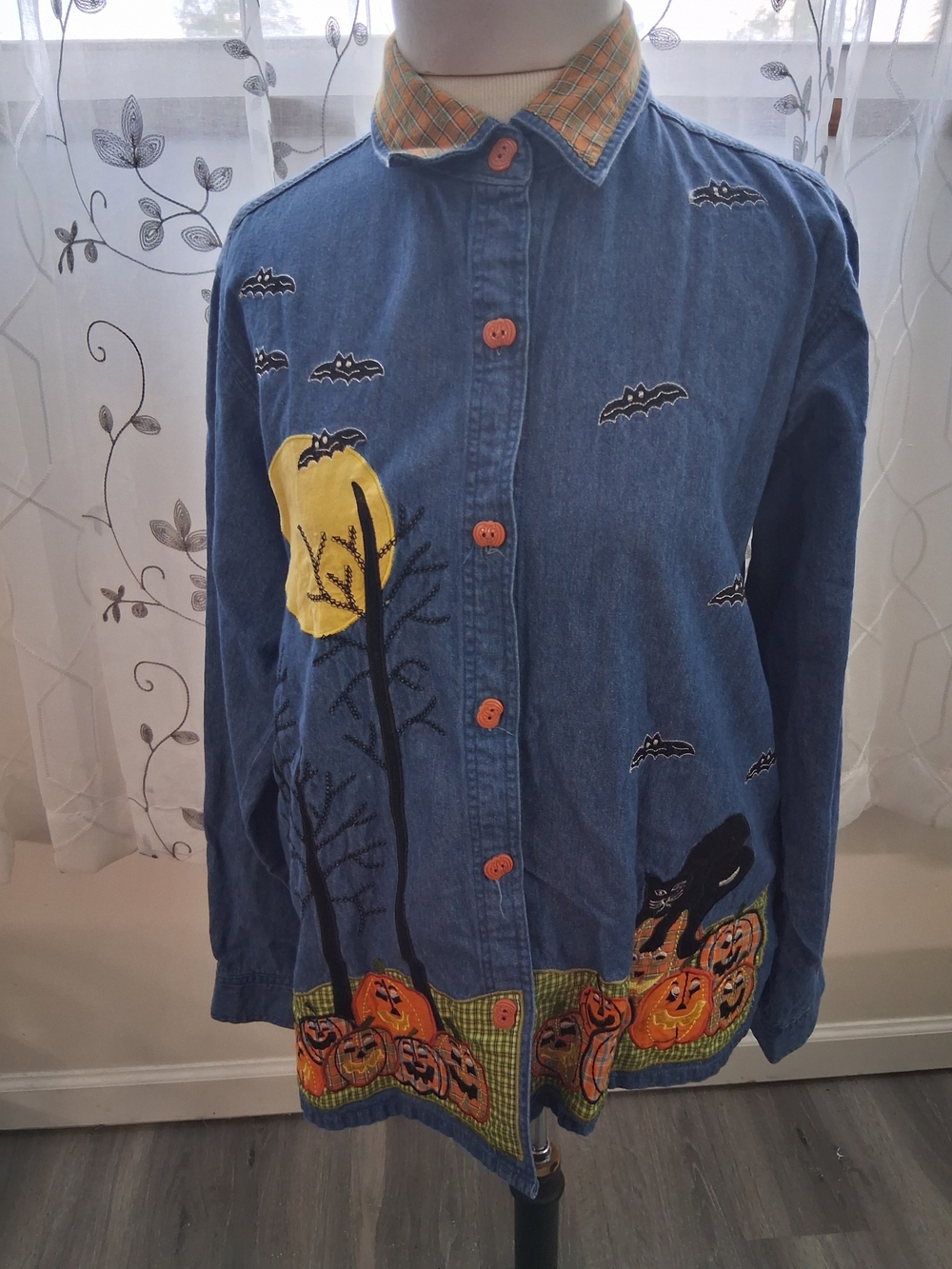 Tantrums Halloween Denim Jacket with Pumpkin & Bat Motifs - Blue